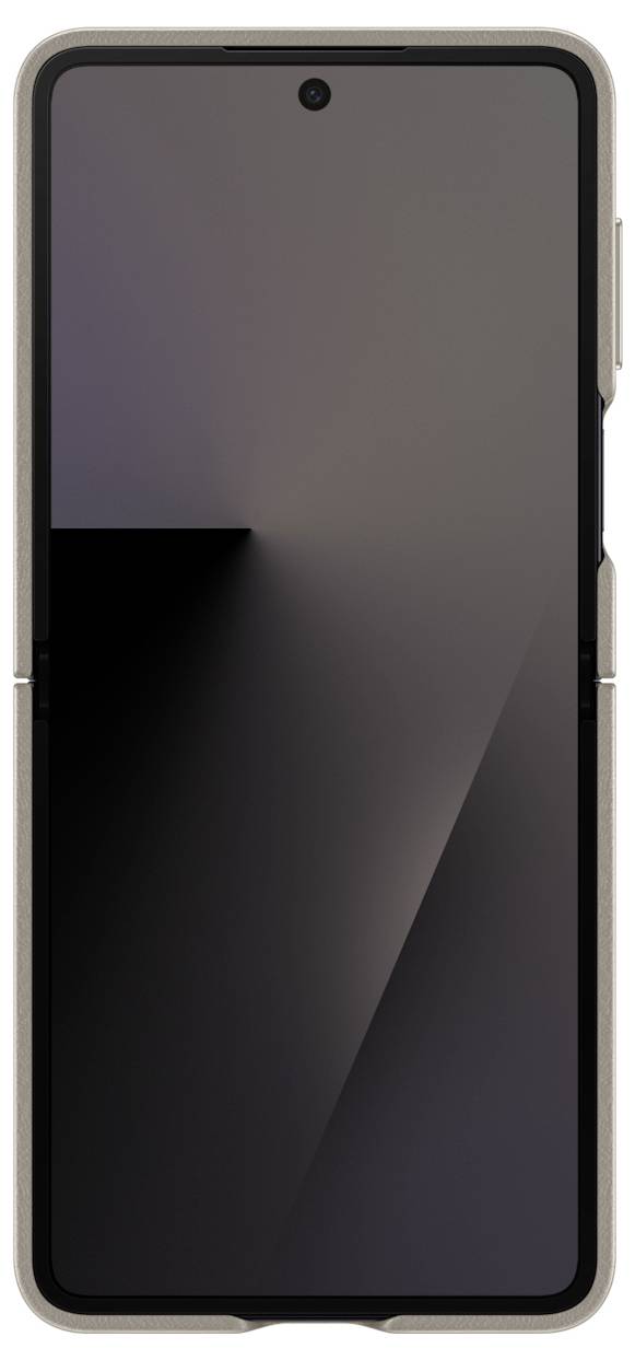 Ein Smartphone in einer geöffneten beigen Flip-Hülle, dessen Bildschirm einen geometrischen, schattenhaften abstrakten Hintergrund zeigt.