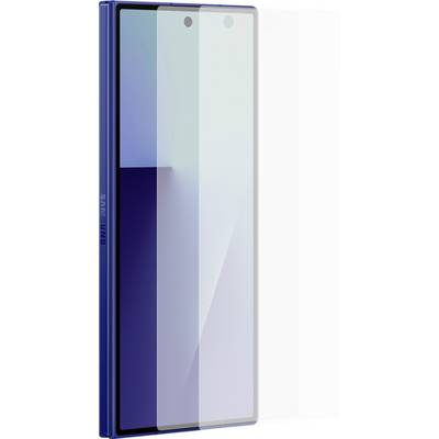 Ein blaues Smartphone mit einem großen, randlosen Bildschirm wird gezeigt, wobei ein Panzerglas-Displayschutz zur Hälfte aufgeklebt ist und seine Abdeckung hervorhebt.