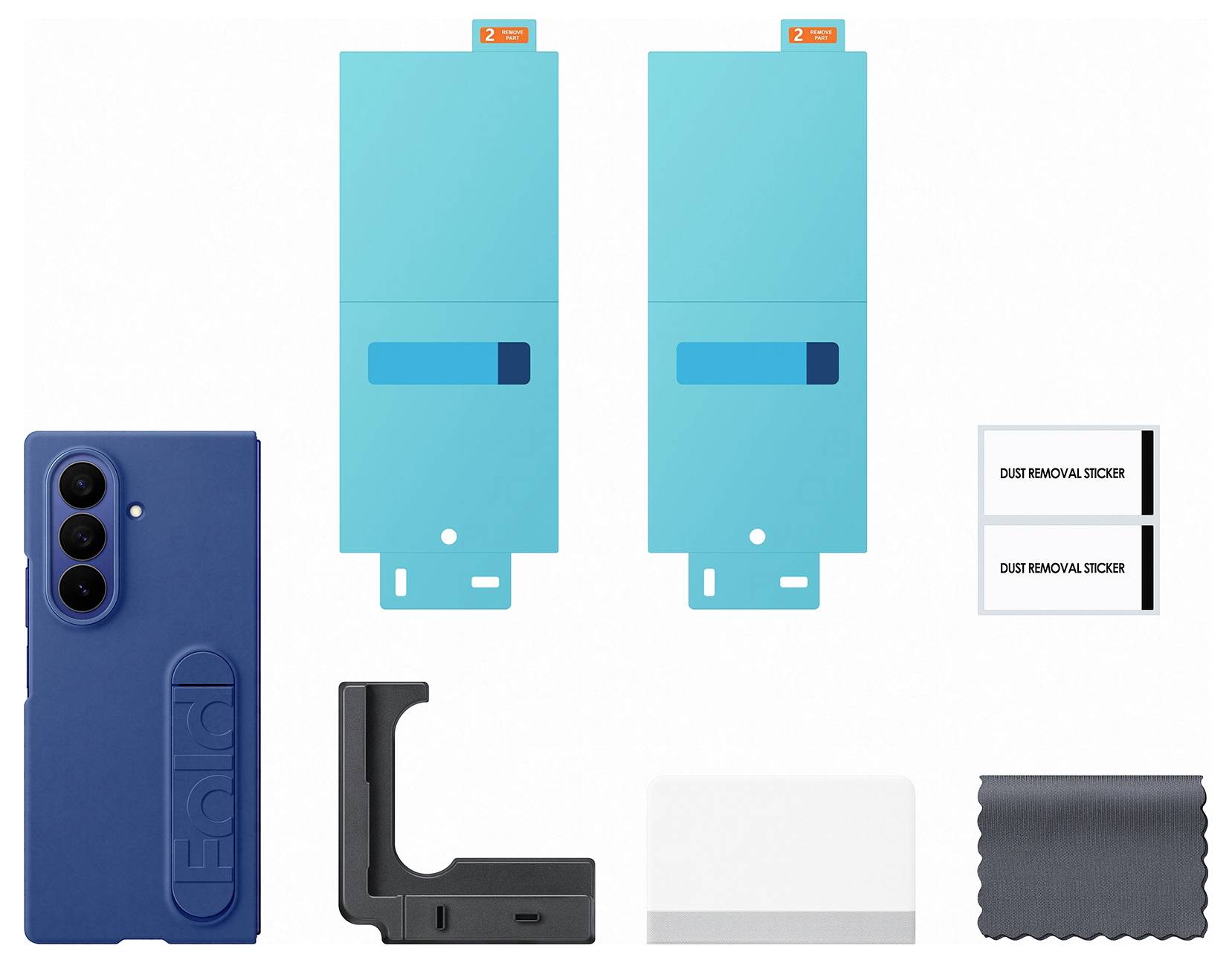 Handy-Schutz-Set mit einer blauen Hülle, zwei blauen Schutzfolien, Installationswerkzeugen, Staubentfernungs-Aufklebern und einem Reinigungstuch.