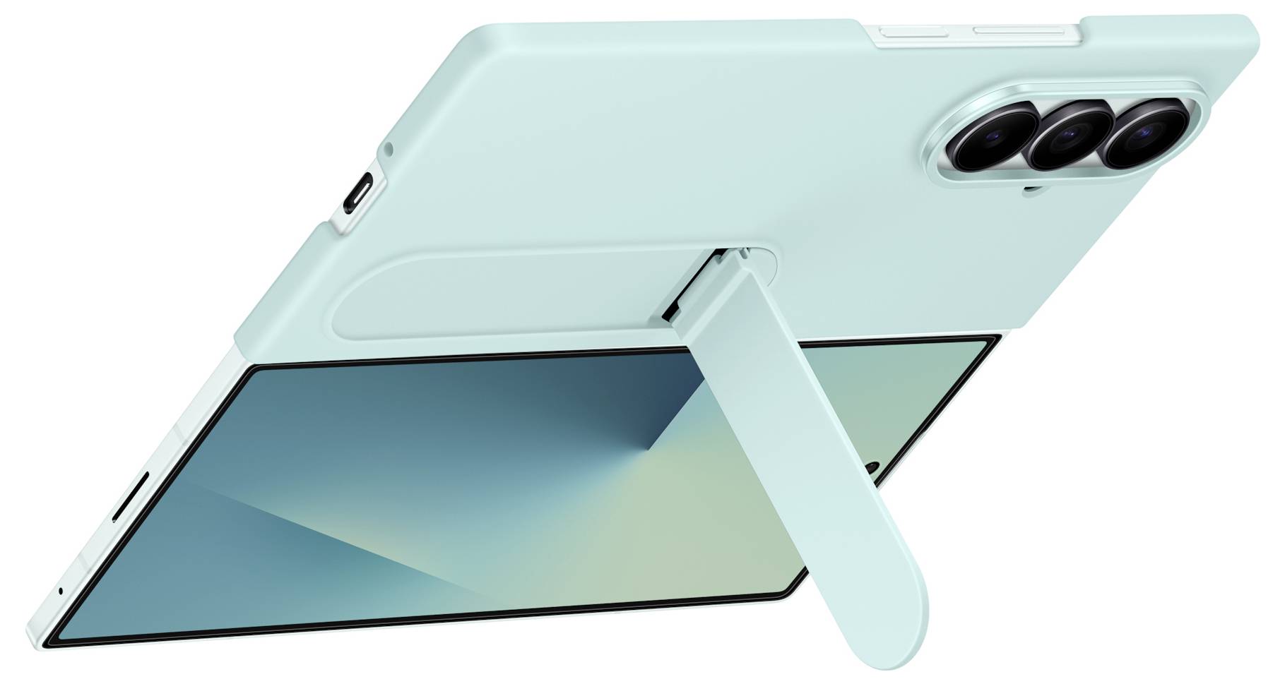 Ein Tablet mit einem minzgrünen Gehäuse, dessen Ständer ausgeklappt ist, mit geneigtem Bildschirm und einer Dreifach-Objektiv-Kamera auf der Rückseite.