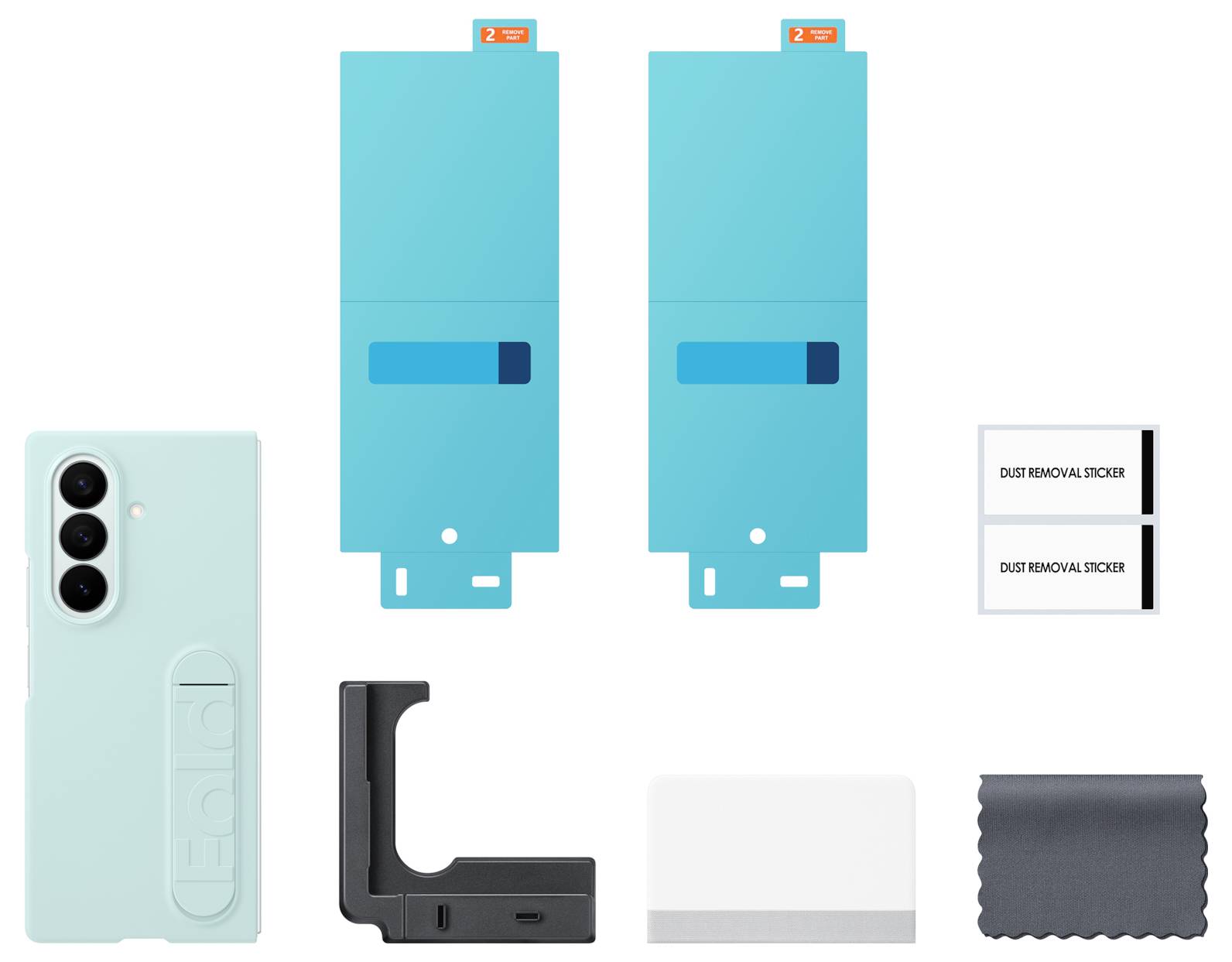 Handyhülle, Kameragriff-Befestigung, Displayschutzfolien, Staubentfernungssticker, Auflegekarte und Reinigungstuch ausgelegt.