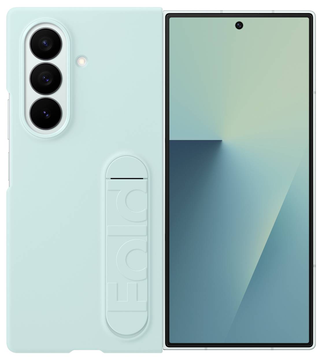 Ein minzgrünes, faltbares Smartphone-Etui ist teilweise geöffnet und zeigt ein schlankes Design mit dreifacher Kameraobjektiv.