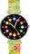 Eine bunte Kinderuhr mit schwarzem Zifferblatt, die mehrfarbige Zahlen und tierisch-thematische Grafiken auf dem grünen Armband aufweist.