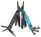 Ein Multitool mit verschiedenen Funktionen, einschließlich Zange, Säge und Schraubenziehern, hat ein schwarz-blaues Design.