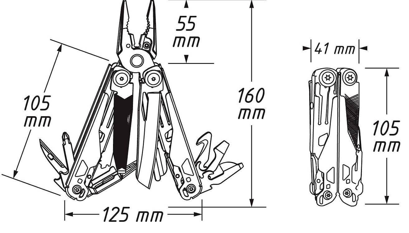Eine Multitool-Darstellung mit geöffneter und geschlossener Ansicht. Geöffnet: 160 mm hoch, 125 mm breit. Geschlossen: 105 mm hoch, 41 mm breit. Verschiedene Werkzeuge dargestellt.