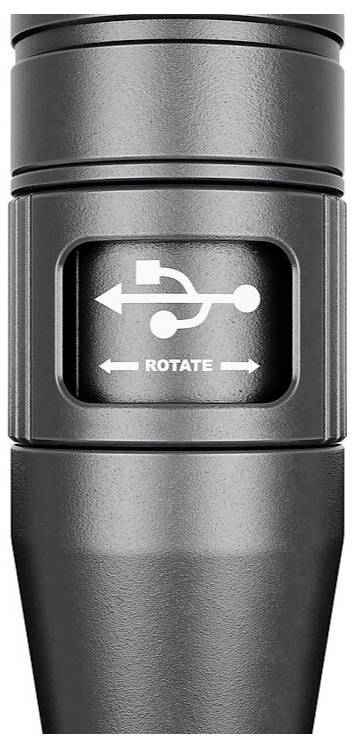 Ein rotierender Knopf mit einem USB-Symbol und zwei Pfeilen, die die Rotationsrichtung anzeigen.