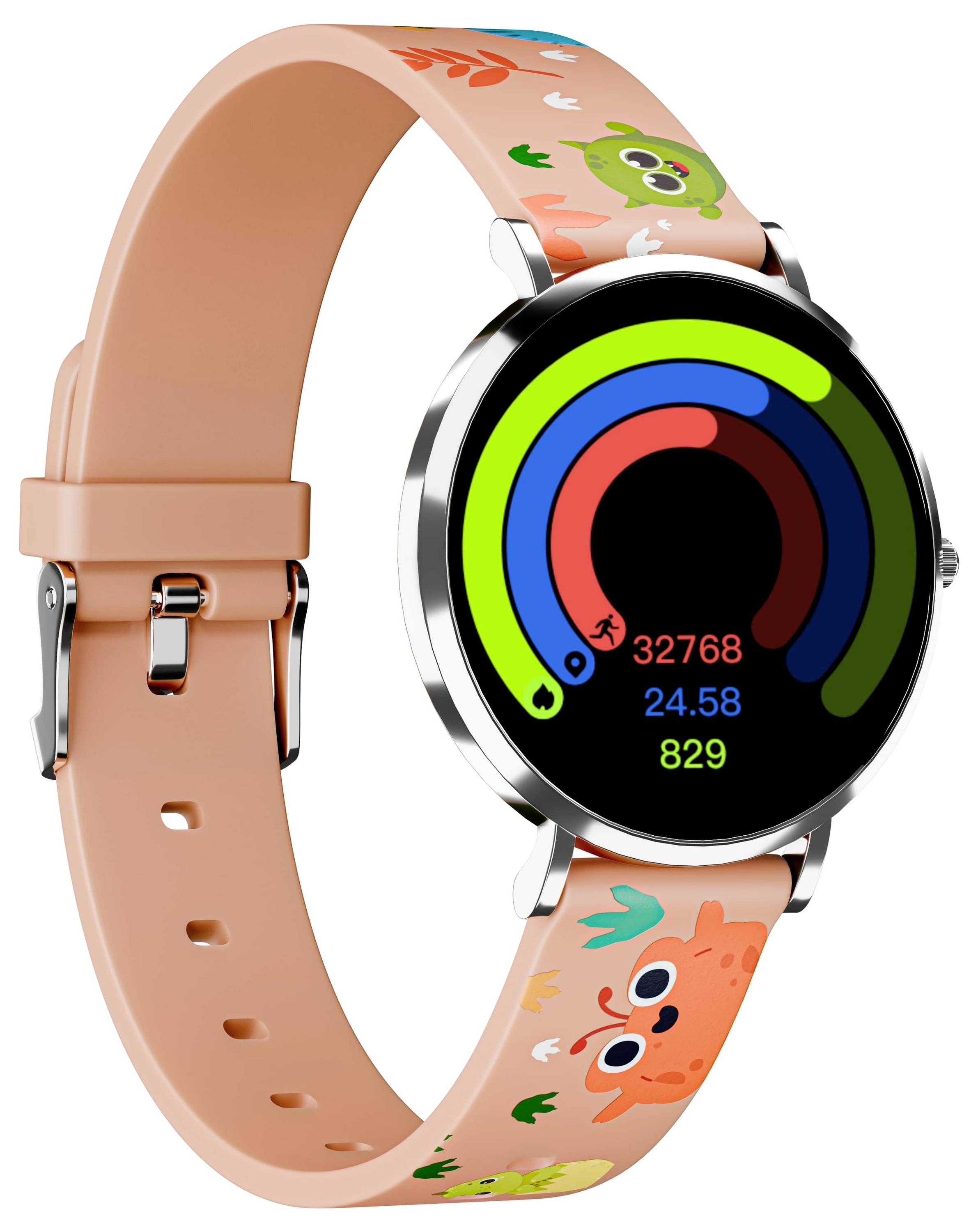 Smartwatch mit buntem kreisförmigem Display, das eine Schrittzahl von 32.768, verbrannte Kalorien von 24,58 und eine Herzfrequenz von 829 auf einem pinken Band zeigt.
