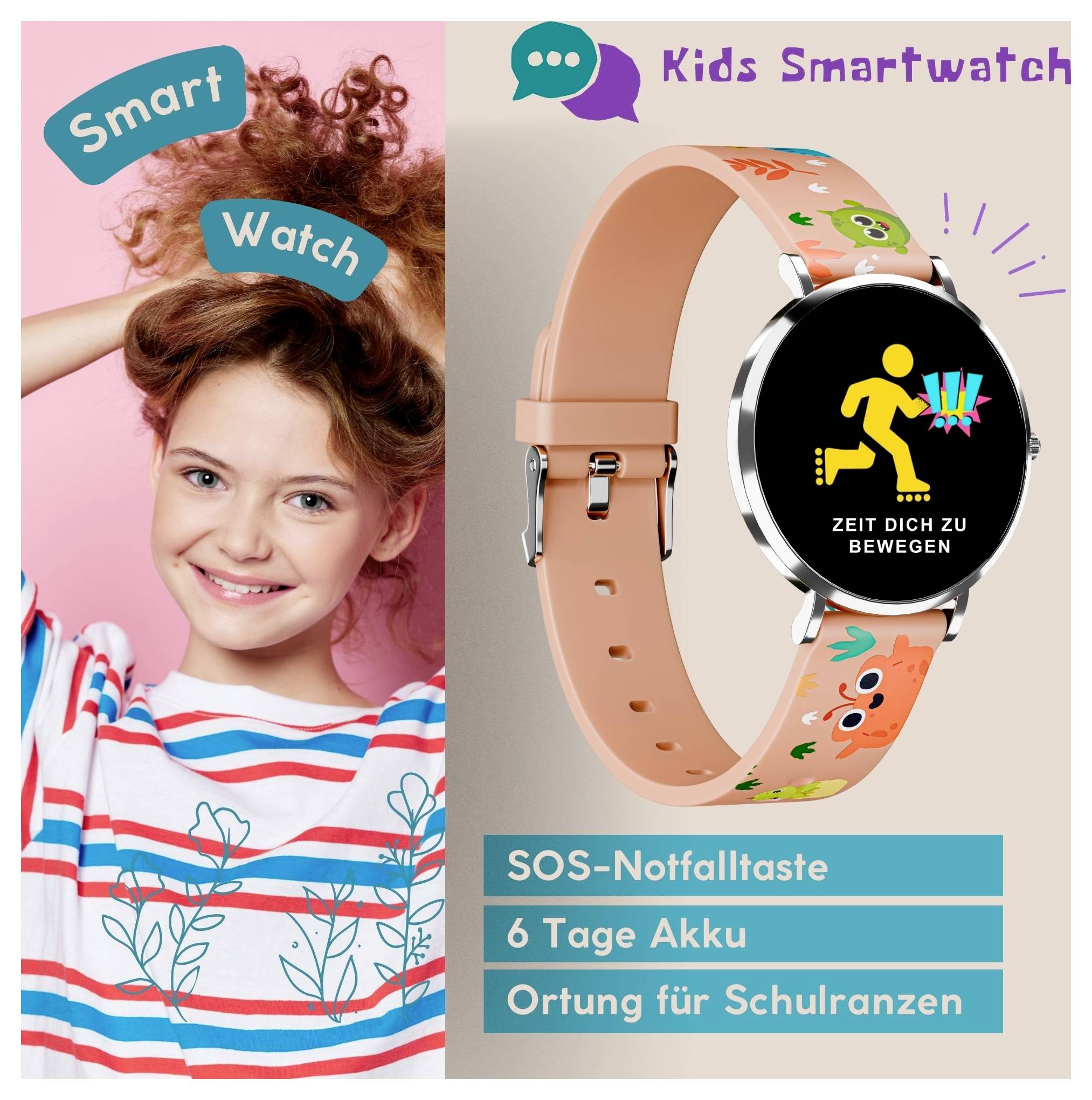 „Kids Smartwatch“: Links ein Kind mit lockigem Haar lächelnd. Rechts eine orangefarbene Smartwatch mit Animation. Text: ‘Zeit dich zu bewegen’, SOS, 6 Tage Akku, Ortung, farbenfrohes Design.