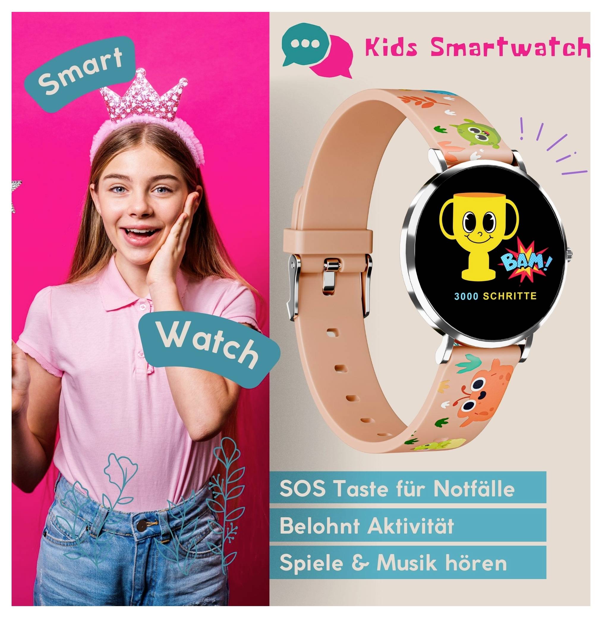 Mädchen mit Krone lächelt, daneben eine Smartwatch mit farbigem Armband. Funktionen: SOS-Taste, Aktivitätsbelohnung, Spiele & Musik.