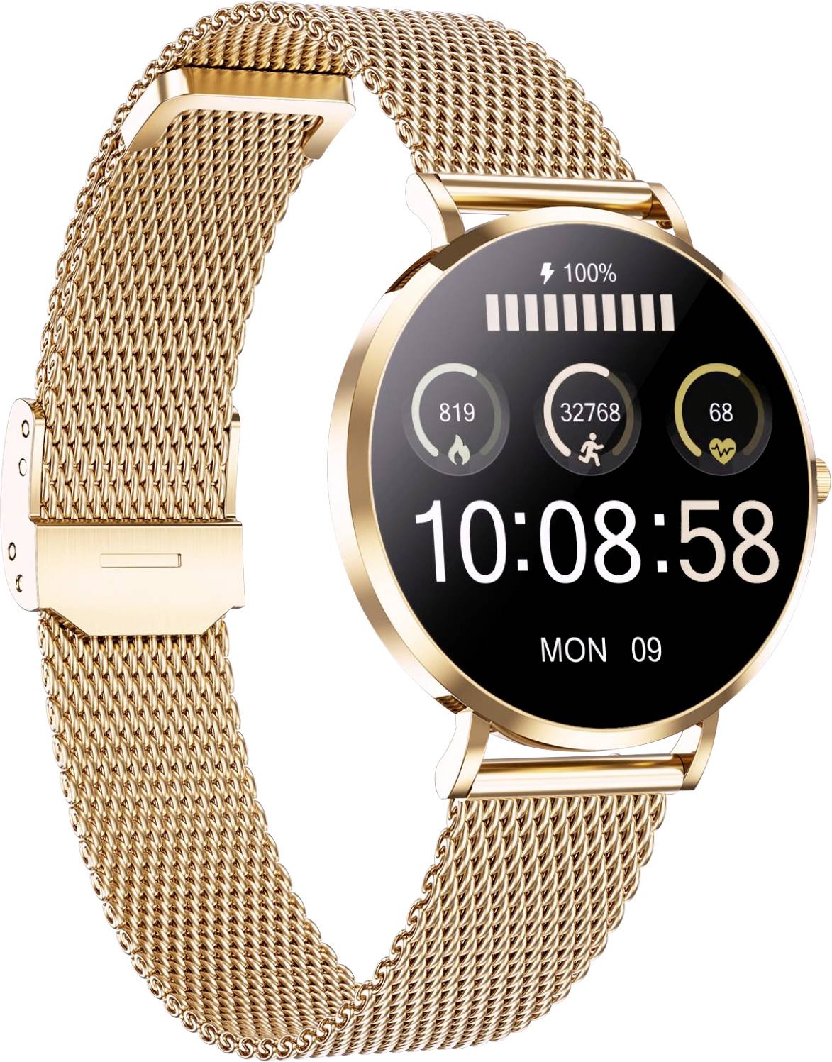 Goldene Smartwatch mit Mesharmband, die die Uhrzeit '10:08', das Datum 'Mon 09' und Aktivitätssymbole für Schritte, Distanz und Herzfrequenz anzeigt.