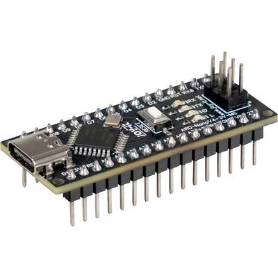 Mikrocontroller-Platine mit USB-C-Anschluss, mehreren Anschlüssen und beschrifteten Komponenten, verwendet für Elektronikprojekte und Programmierung.