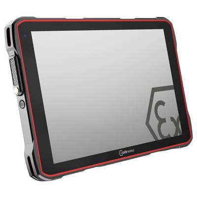 Robuster Tablet mit widerstandsfähigem Design, roten Akzenten und Zertifizierungslogo auf dem Bildschirm, geeignet für industrielle oder gefährliche Umgebungen.