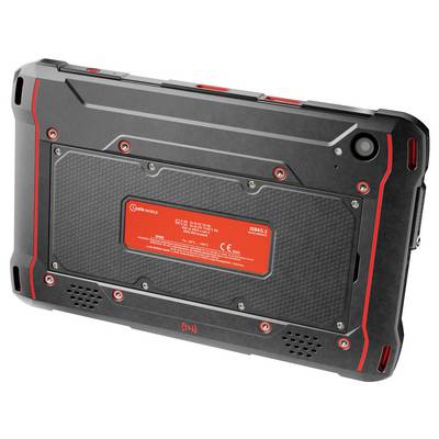 "Getac ZX70 Tablet Rückansicht" mit einem robusten schwarzen Gehäuse und einem roten Akzentblech. Für Strapazierfähigkeit konzipiert, verfügt es über verstärkte Kanten und sichtbare Schrauben.