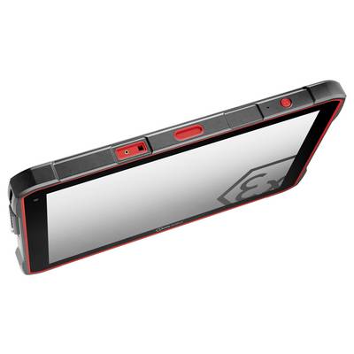 Ein robustes Tablet mit Rot-Schwarz-Design, ausgestattet mit verschiedenen Tasten und Anschlüssen am oberen Rand, geeignet für industrielle Anwendungen.