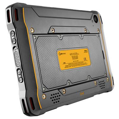 Ein robustes Tablet in Schwarz und Orange mit einem widerstandsfähigen Gehäuse und mehreren seitlichen Tasten, das für den Einsatz in rauen Umgebungen konzipiert ist.