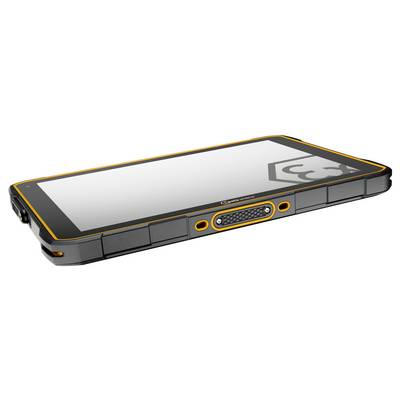 Ein robustes Tablet mit einem schwarz-orangen Design, ausgestattet mit einem strapazierfähigen Gehäuse und sichtbaren, gummierten Kanten, liegend horizontal.