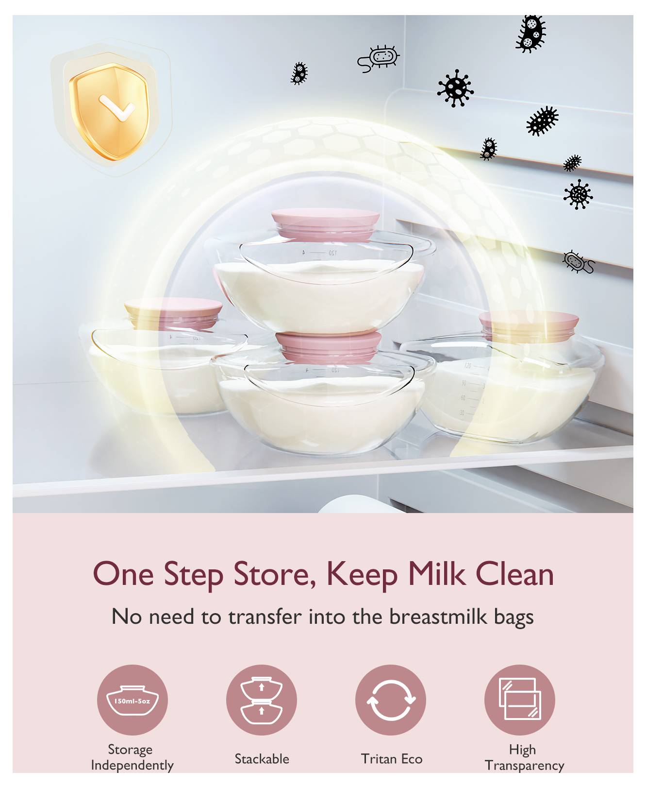 Milchbehälter werden in einem Kühlschrank gestapelt, begleitet von einem Text, der besagt: "One Step Store, Keep Milk Clean." Verschiedene Merkmale werden hervorgehoben.