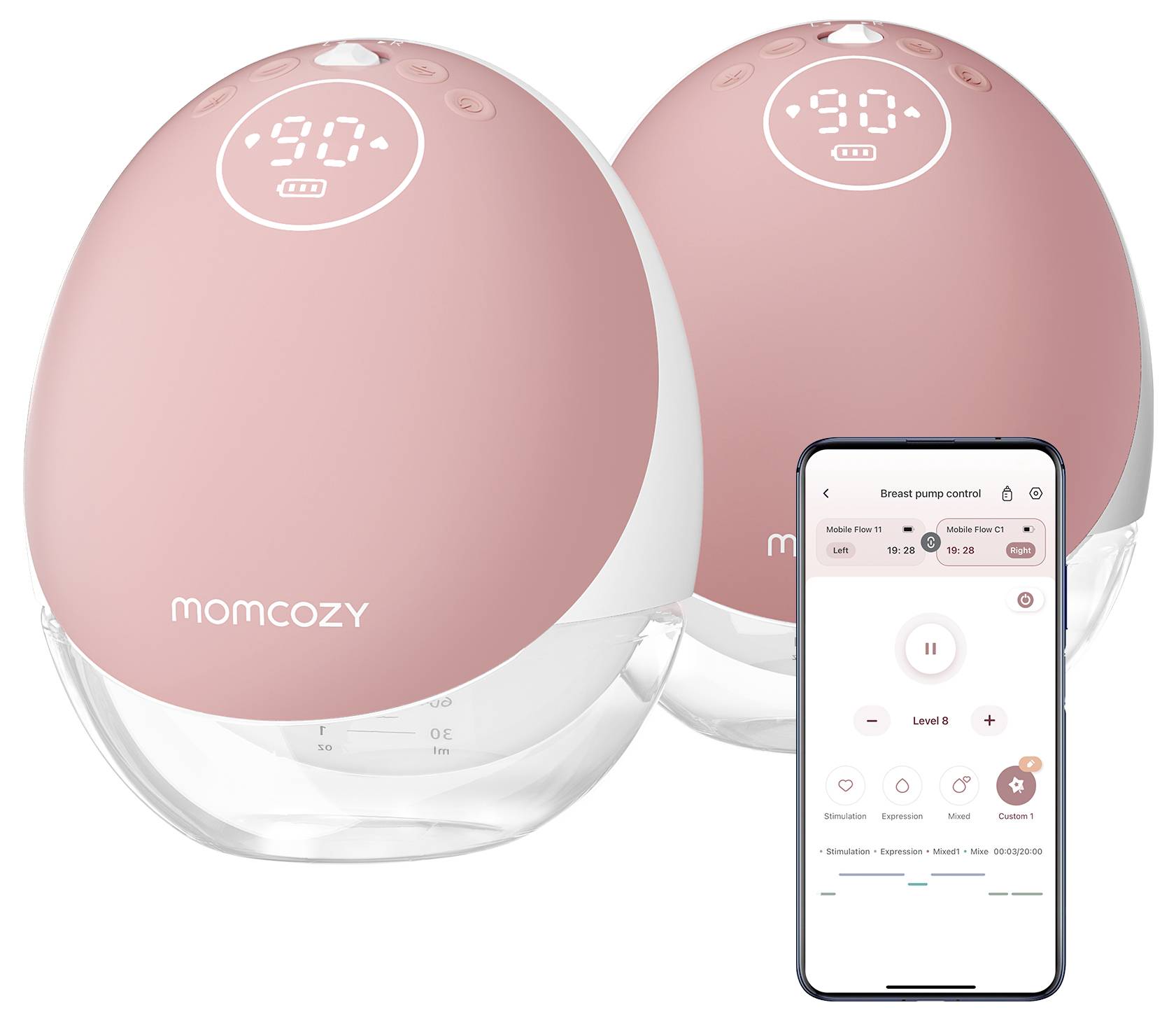 Milchpumpen-Set mit mobiler App-Steuerung; rosa und weiße Gestaltung, zeigt digitale Anzeige und App-Schnittstelle mit verschiedenen Einstellungen.