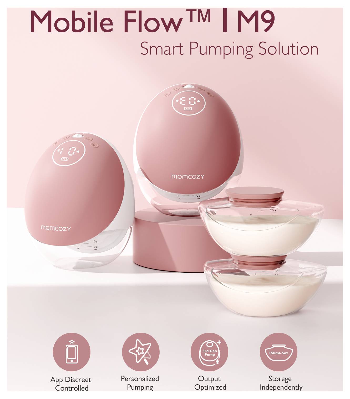 Mobile Flow™ | M9 Smart Pumping Solution: Eine rosa, mobil steuerbare Milchpumpe mit Aufbewahrungsbechern, die eine personalisierte und optimierte Milchentnahme ermöglicht.