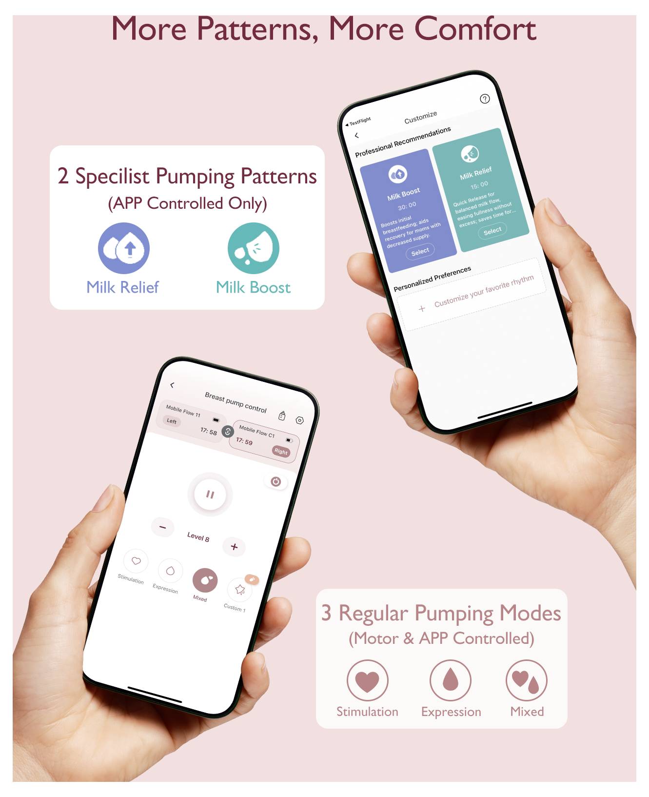 Mehr Muster, mehr Komfort<br><br>Pumpmuster:<br>• Milch-Entlastung<br>• Milch-Steigerung<br><br>Standardmodi:<br>• Stimulation<br>• Expression<br>• Gemischt<br><br>Motorsteuerung und App-Kontrolle