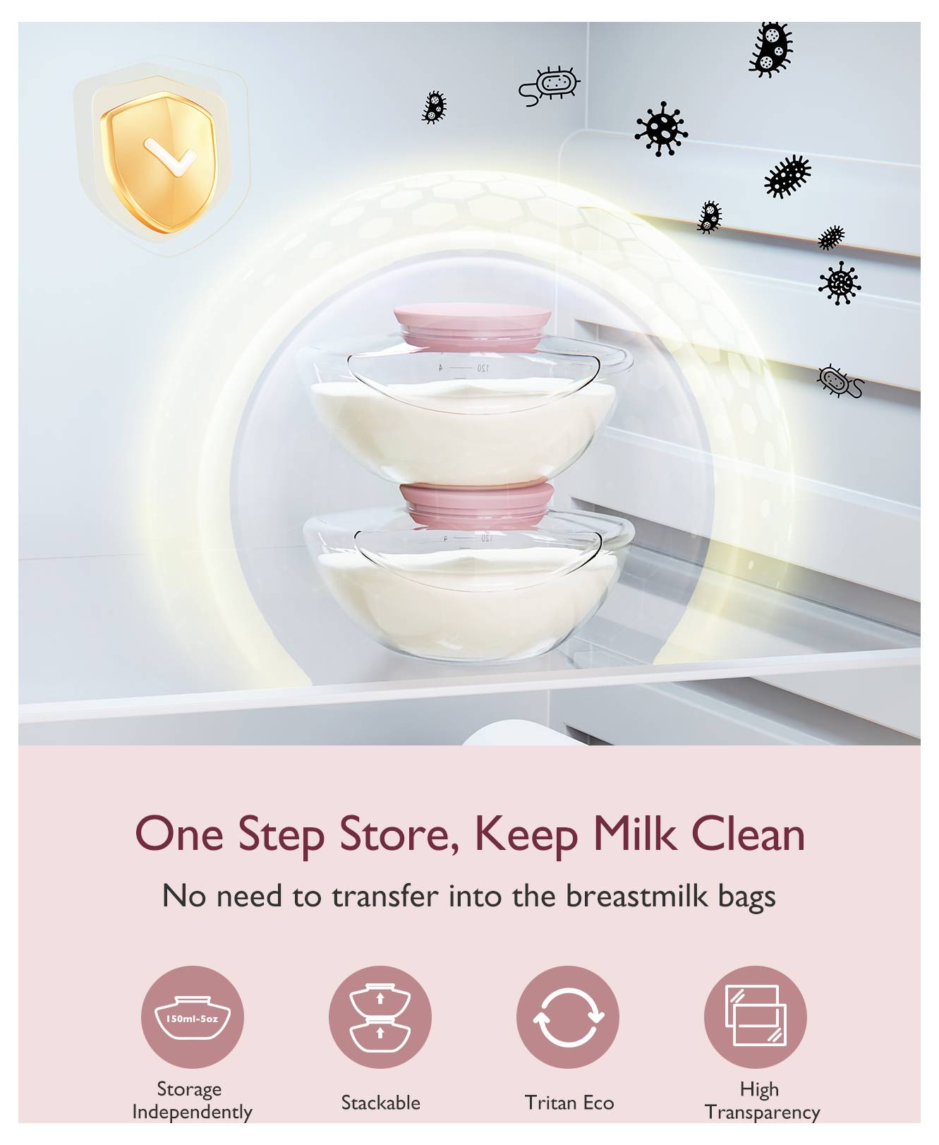 Drei Schüsseln, die im Kühlschrank gestapelt sind, mit einem Glüheffekt, umgeben von digitalen Bakteriensymbolen. Text: "One Step Store, Milch sauber halten."