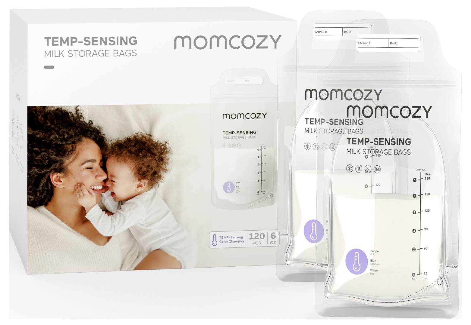 Eine Schachtel 'Momcozy Temp-Sensing Milchaufbewahrungsbeutel' mit einem Bild eines lächelnden Elternteils und eines Babys. Enthält zwei Beutel mit Volumenmarkierungen.