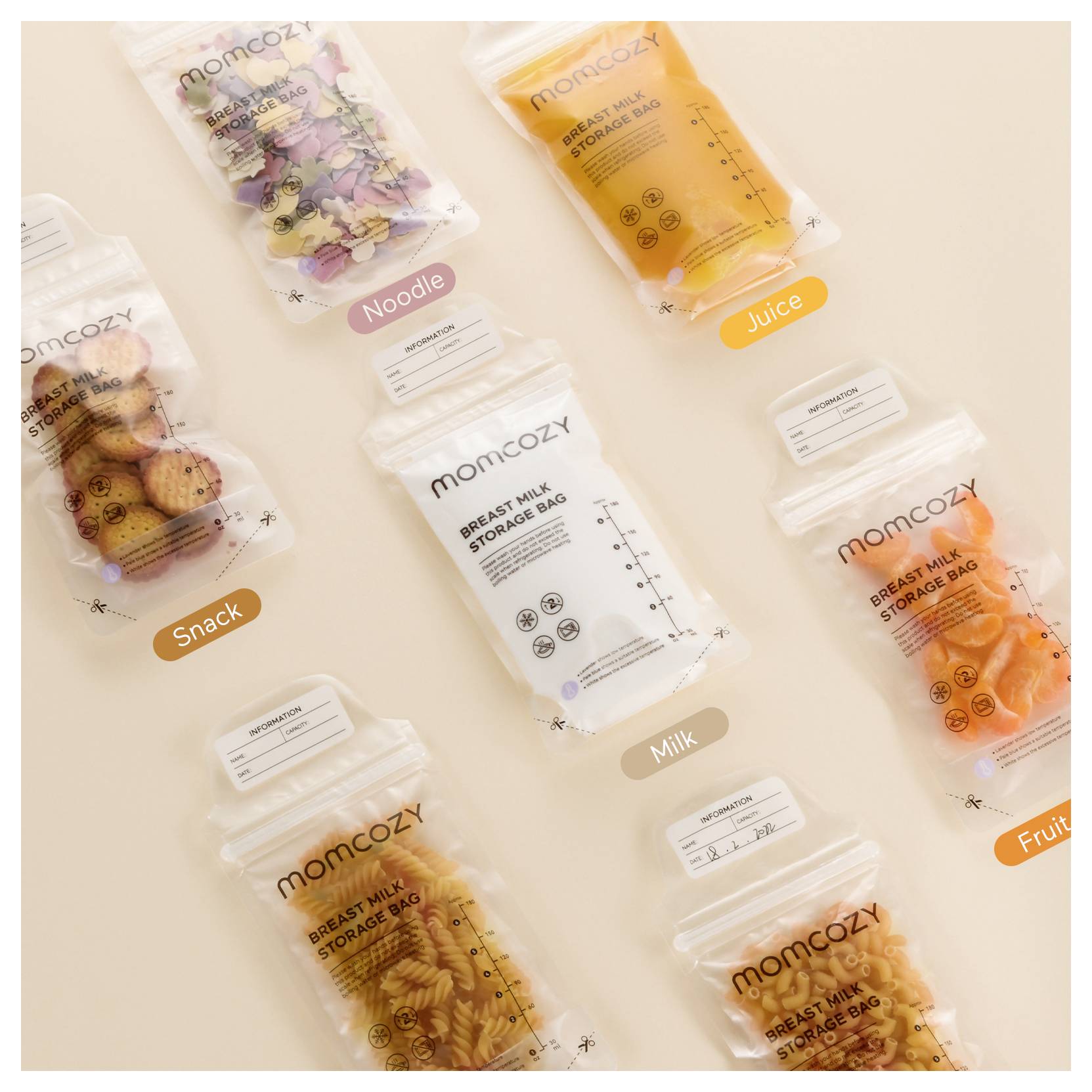 Muttermilch-Aufbewahrungsbeutel mit Beschriftungen für verschiedene Verwendungszwecke: „Nudeln", „Saft", „Snack", „Milch", „Obst" - zeigt vielseitige Lagermöglichkeiten.