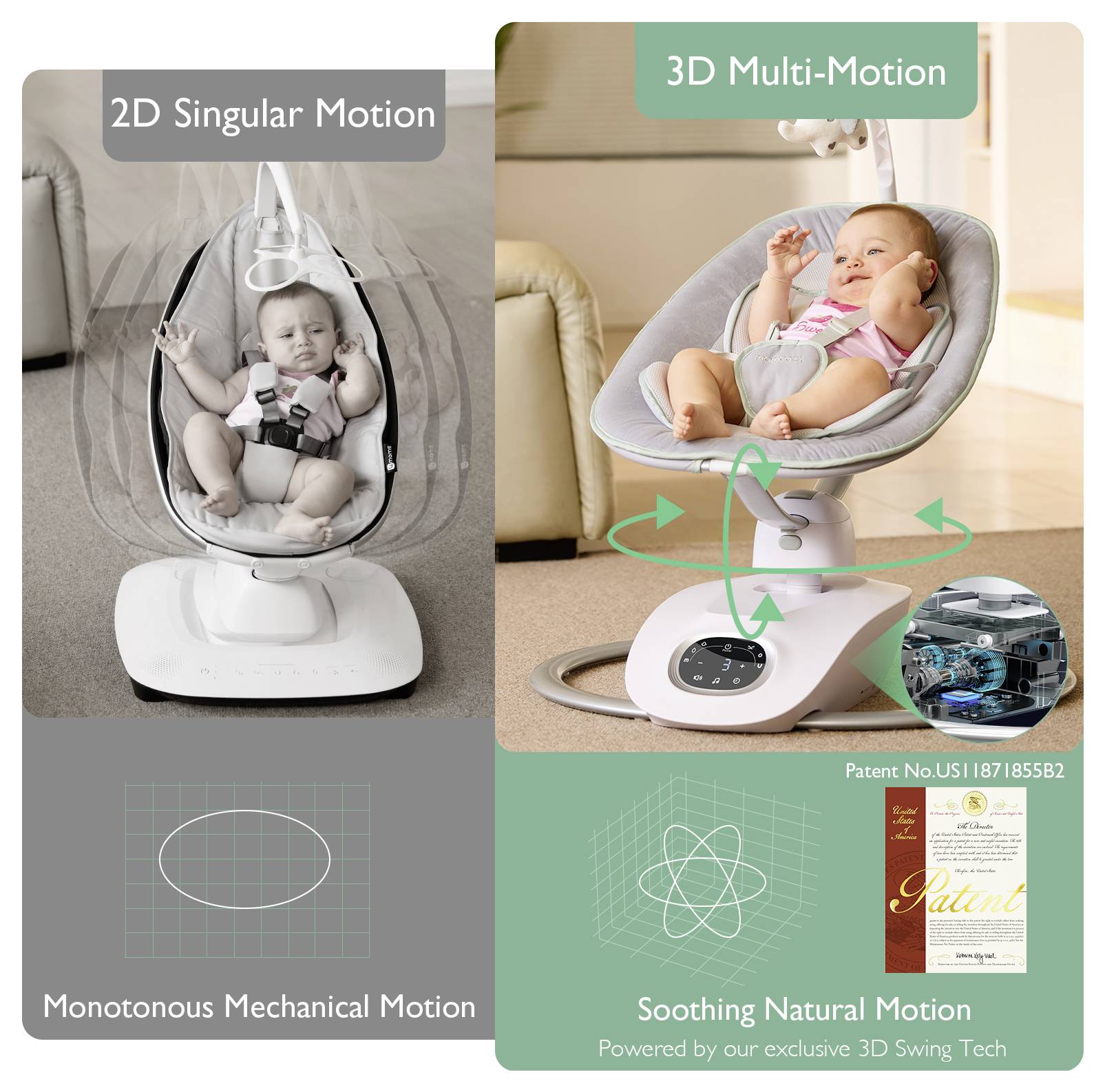 Bild von zwei Babyschaukeln: links ein Baby in einer 2D-Einzelbewegungsschaukel; rechts ein Baby in einer 3D-Multibewegungsschaukel mit dem Text 'Beruhigende Natürliche Bewegung' und Patentinformationen.