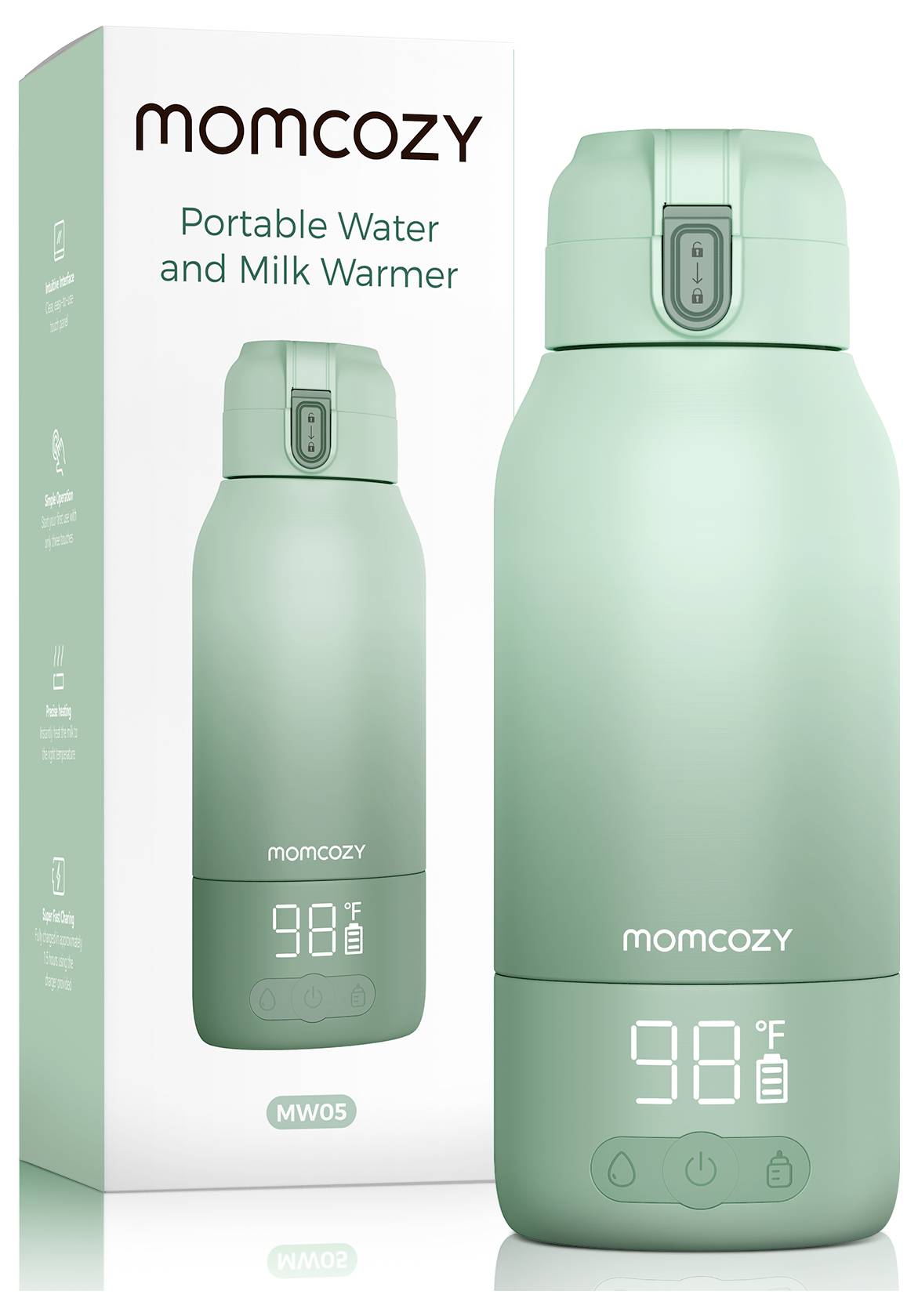 Tragbarer Wasser- und Milcherwärmer mit digitaler Temperaturanzeige, die '98°F' zeigt. Verpackung zeigt dasselbe Erwärmer-Bild und den Markennamen 'momcozy'.