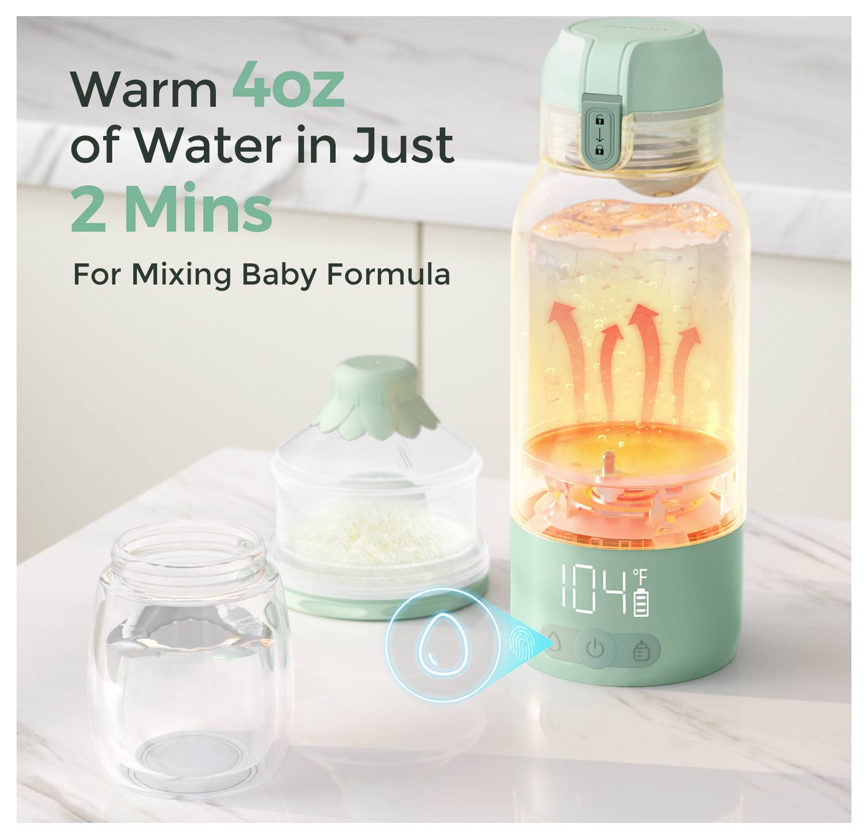 Ein Flaschenwärmer zeigt 104°F. Text liest sich: Erwärmen Sie 4 oz Wasser in nur 2 Minuten. Zum Mischen von Babynahrung.
