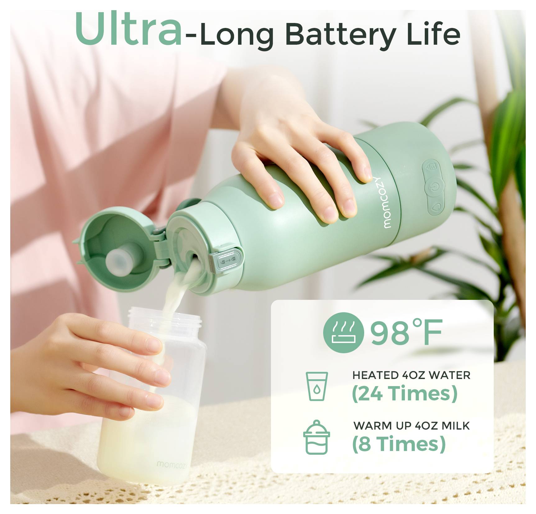 Eine Person gießt Flüssigkeit aus einer grünen Flasche in eine Tasse. Text lautet: 'Ultra-Lange Akkulaufzeit' und gibt Details zur Verwendung: 24 Mal für Wasser, 8 Mal für Milch bei 98°F.