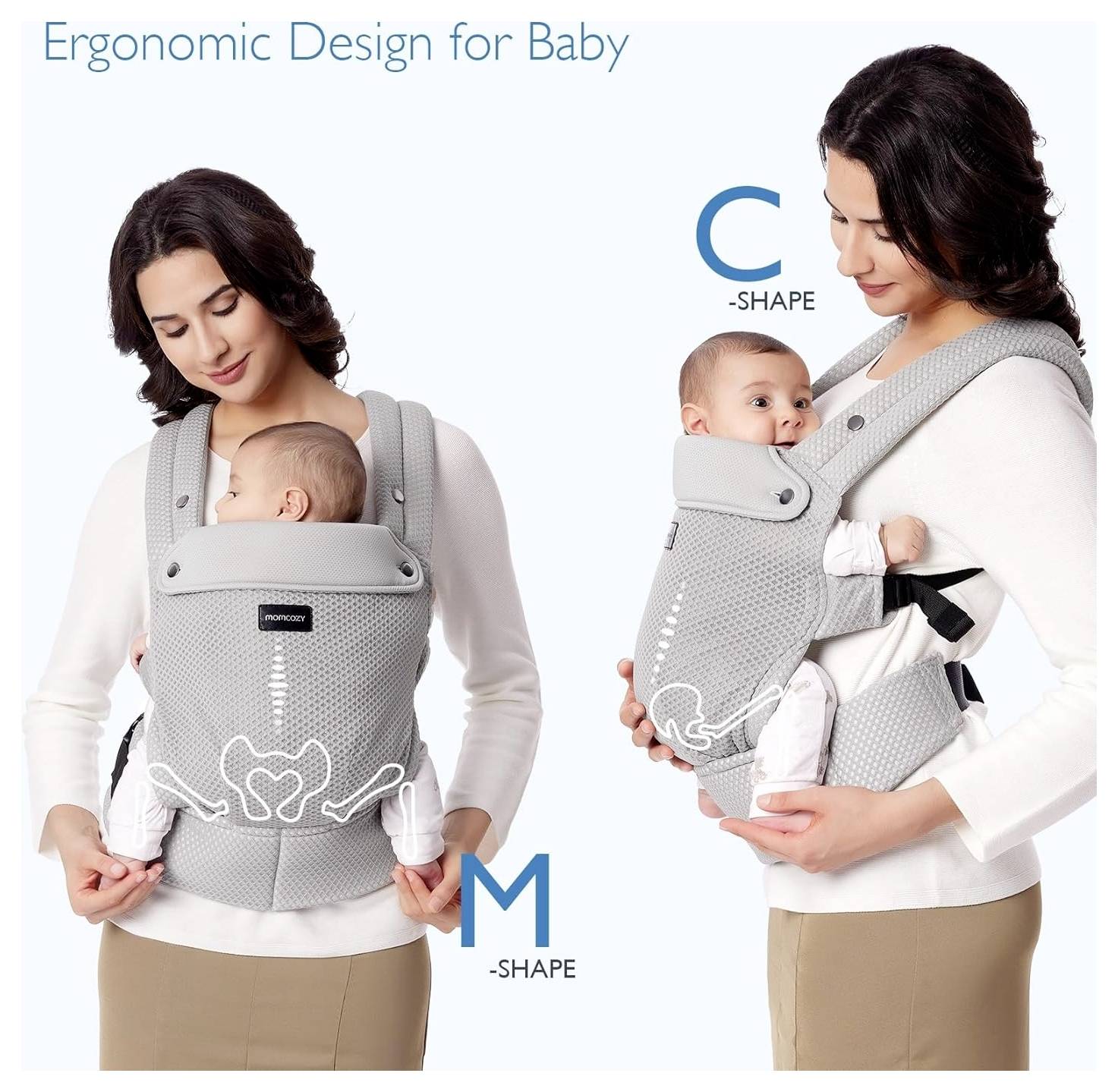 Eine Mutter trägt ein Baby in einem grauen ergonomischen Träger. Text: „Ergonomisches Design für Babys". Illustrationen zeigen C-förmige und M-förmige Positionen.