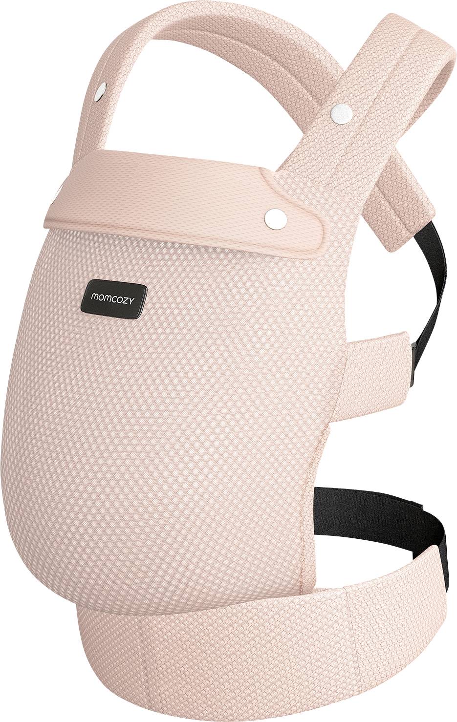 Rosa Babytrage mit verstellbaren Trägern und gepolsterter Stütze, entwickelt für ergonomischen Komfort und einfaches Tragen.