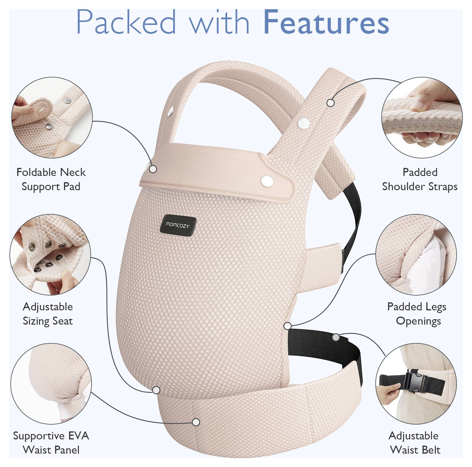 Rosa Babytrage mit verstellbarer Nackenstütze, gepolsterten Schultergurten, verstellbarem Sitz, gepolsterten Beinöffnungen und EVA-Hüftgurt.