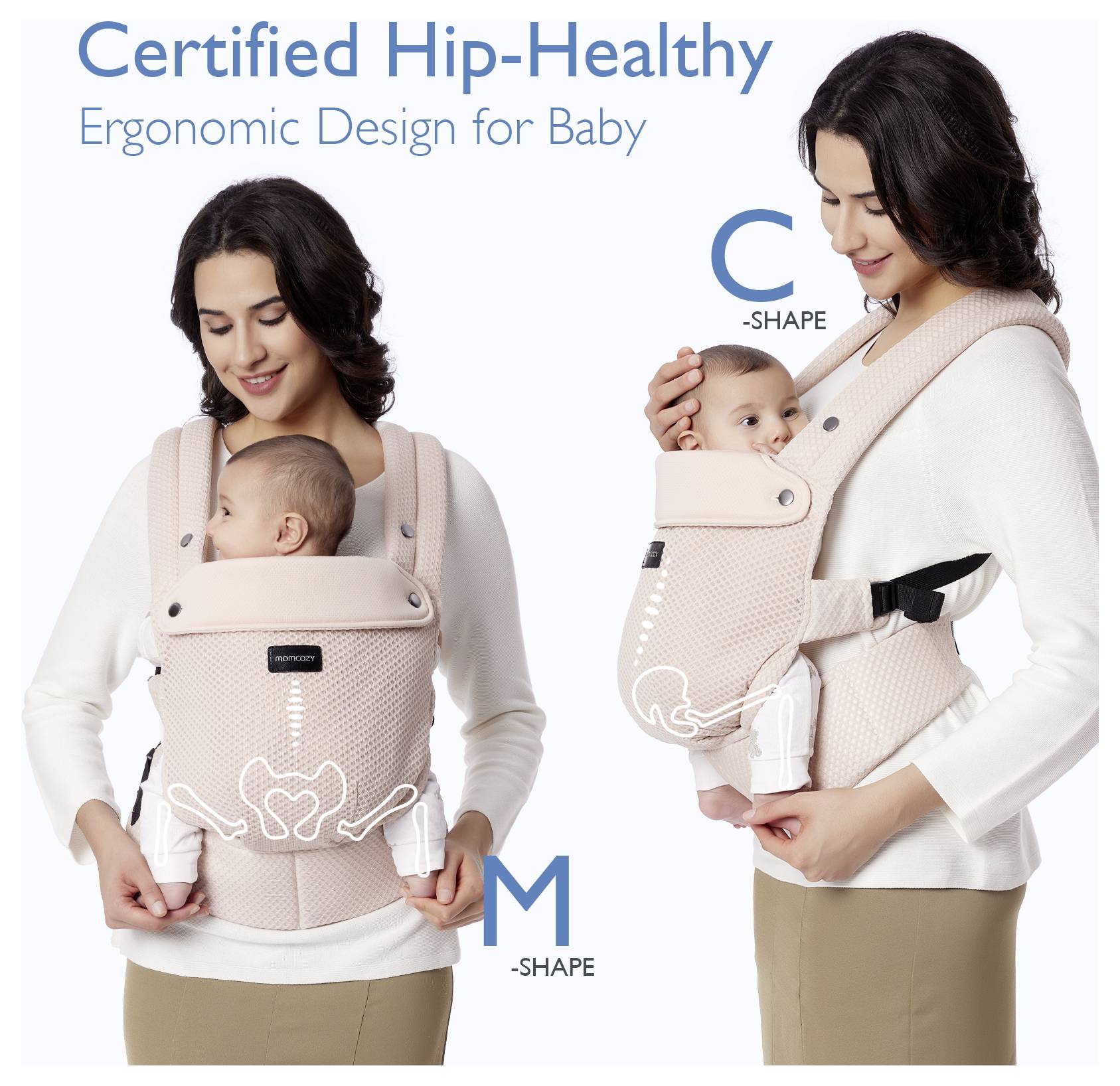 Eine Mutter trägt ein Baby in einem ergonomischen Träger. Text: „Zertifiziert als hüftfreundlich, ergonomisches Design für Babys". Der Träger verfügt über eine C-förmige Stützstruktur.