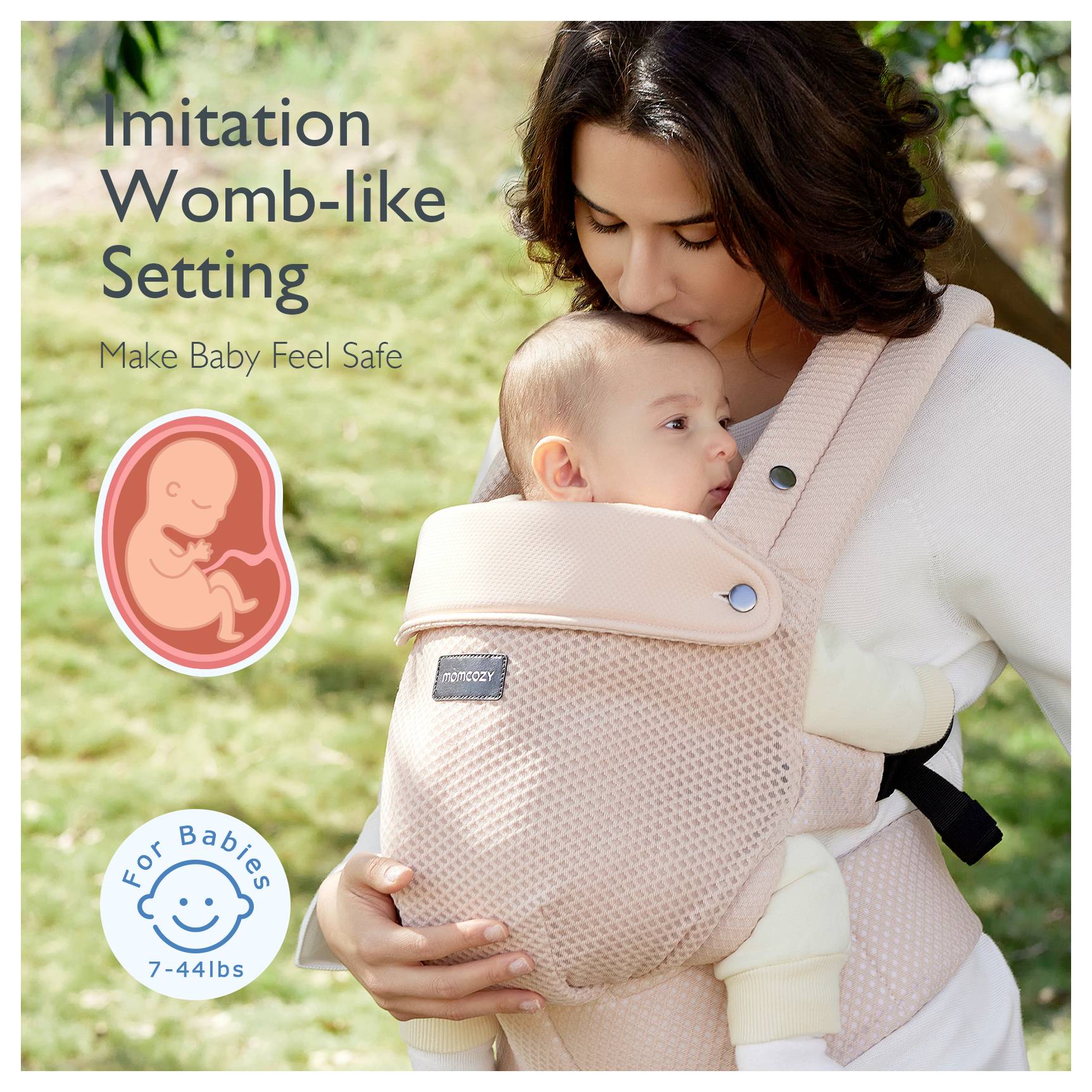 Eine Frau trägt ein Baby in einem weichen, ergonomischen Träger im Freien. Text lautet: 'Gebärmutterähnliche Umgebung' und 'Für Babys von 3-20 kg' mit einem Baby-Sicherheitssymbol.