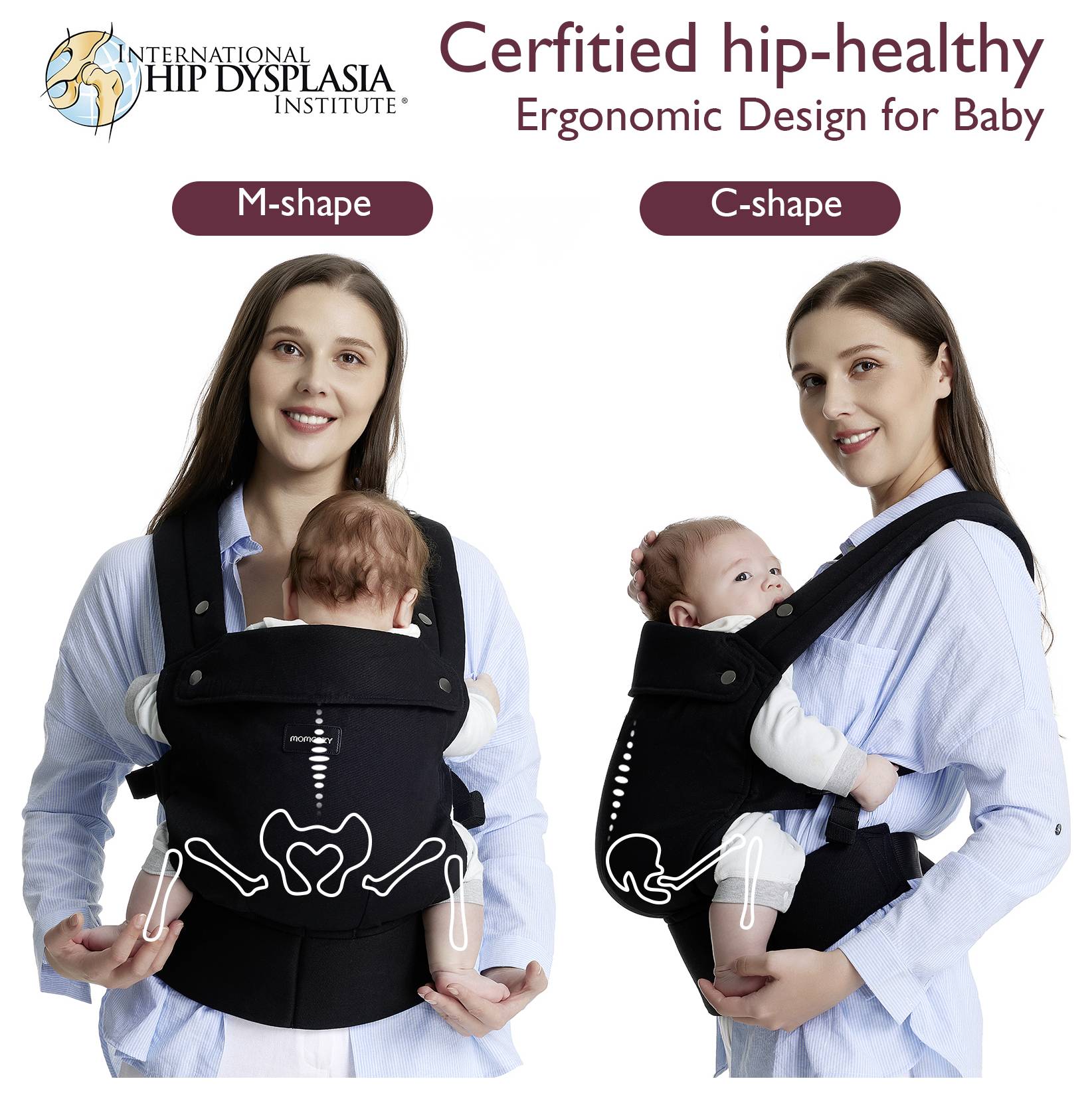 Eine Frau demonstriert zwei Babytragen und zeigt ergonomische Designs in 'M-Form' und 'C-Form', die vom International Hip Dysplasia Institute als hüftgesund zertifiziert sind.