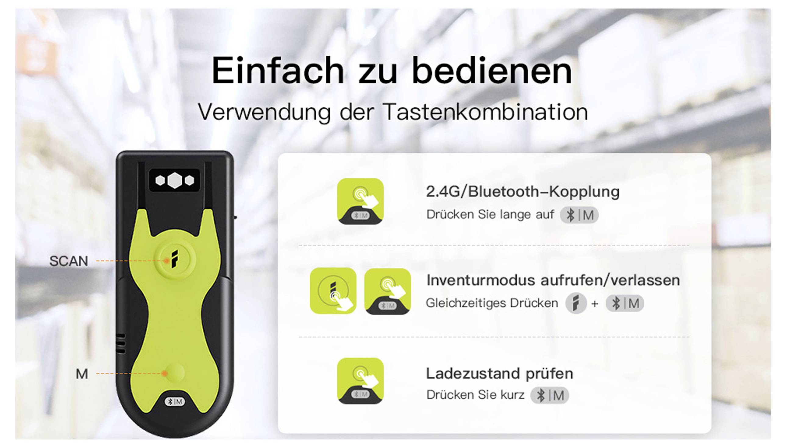 inateck BCST-42_green Barcode-Scanner Bluetooth®, Funk 1D, 2D LED Black, Green Hand-Scanner inkl. Standfuß-2
