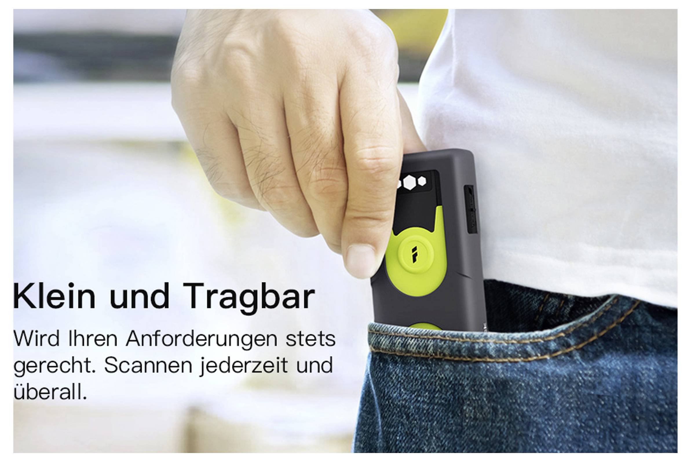 Eine Person steckt einen kleinen, tragbaren Scanner in eine Tasche. Der Text auf Deutsch lautet „Klein und Tragbar" und erwähnt, dass man jederzeit und überall scannen kann.