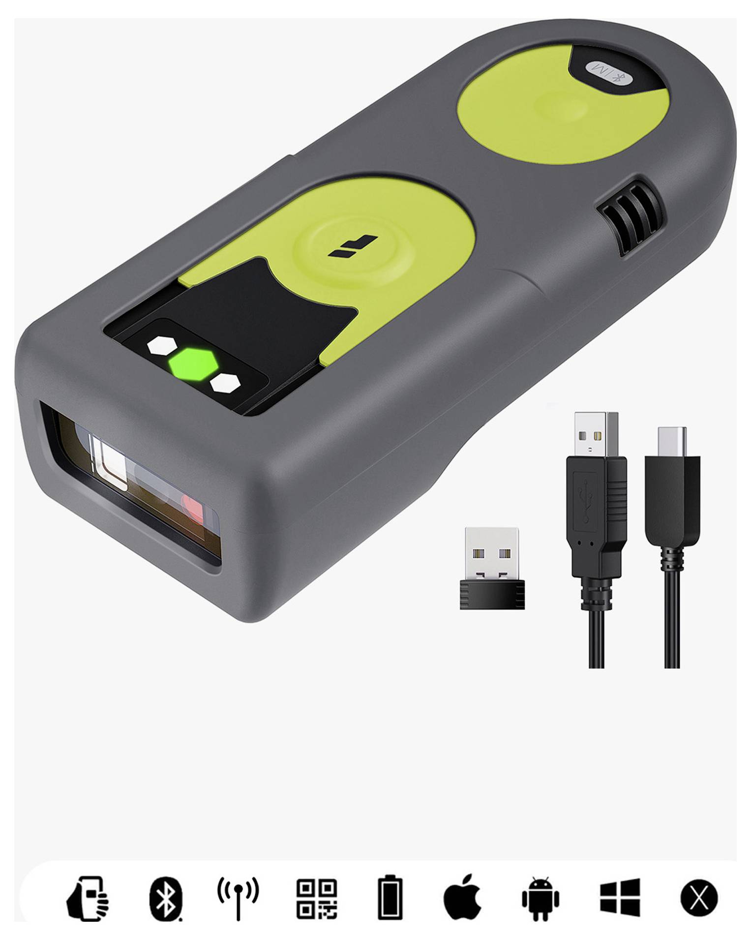 Ein tragbarer Barcode-Scanner in Grau mit grünen Akzenten, gezeigt mit USB-Kabel und Empfänger. Symbole darunter zeigen Kompatibilitätsfunktionen an.