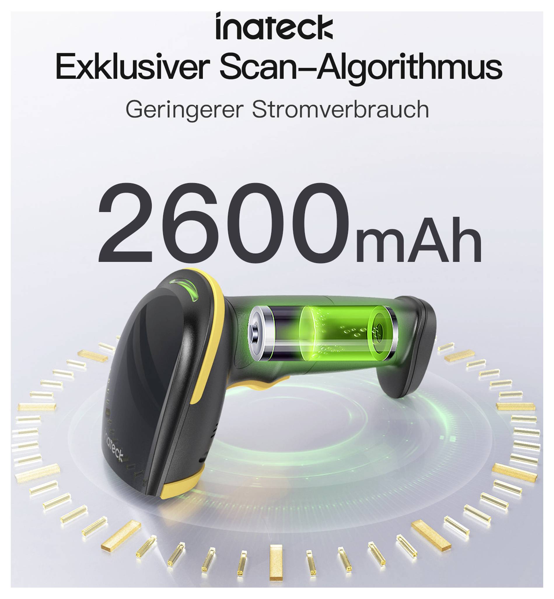 Ein tragbarer Scanner mit einem Batteriesymbol und „2600mAh" angezeigt, das die erweiterte Akkulaufzeit und Energieeffizienz hervorhebt.