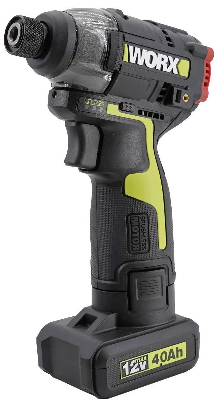 Ein kabelloses Elektrowerkzeug von Worx mit einem 12V 4,0Ah Akku, kompaktes Design, ergonomischer Griff und grüner Akzentfarbe.