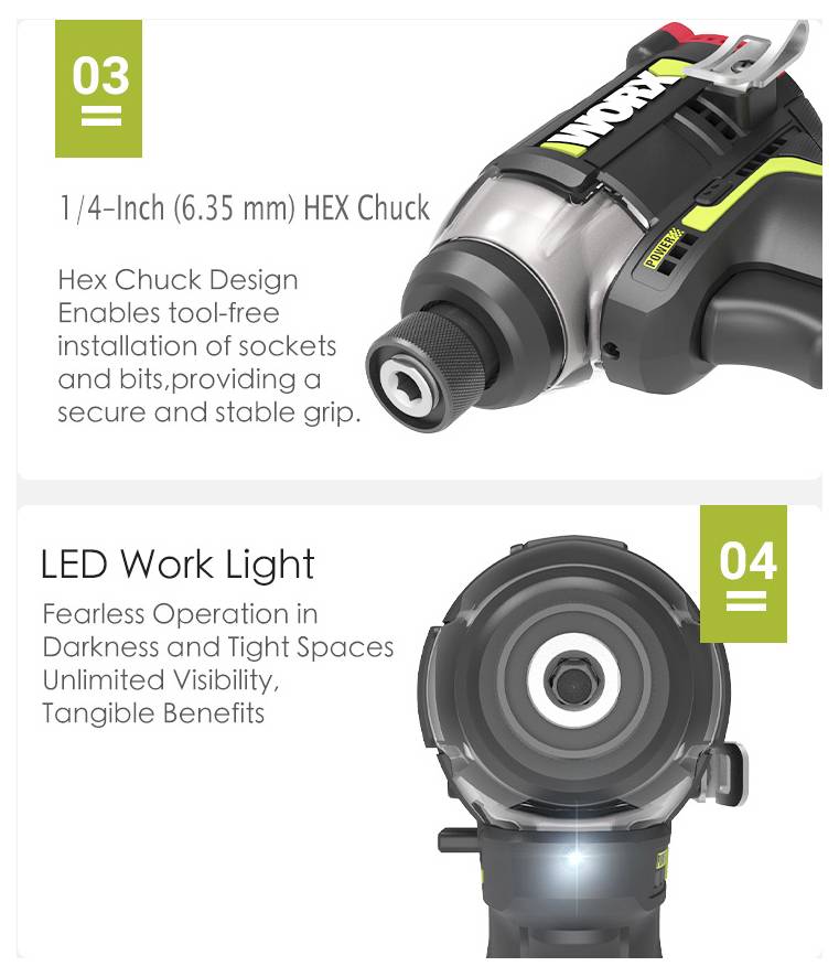 Ein Schlagschrauber mit einem „1/4-Zoll (6,35 mm) HEX-Spannfutter" für werkzeugfreie Steckaufnahme-Installation, mit zusätzlicher LED-Arbeitsleuchte für verbesserte Sichtbarkeit in engen Räumen.