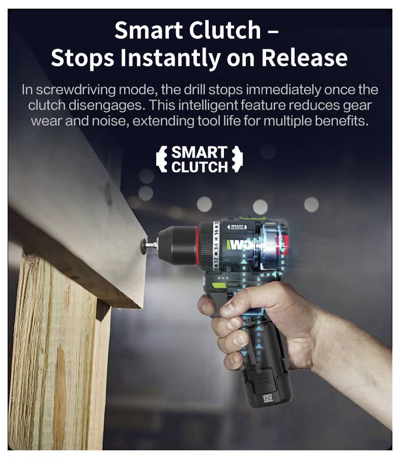 Eine Hand benutzt einen Elektroschrauber mit einer "intelligenten Schutzkupplung", die beim Loslassen sofort stoppt und dadurch den Verschleiß des Getriebes und die Lärmbelastung reduziert.