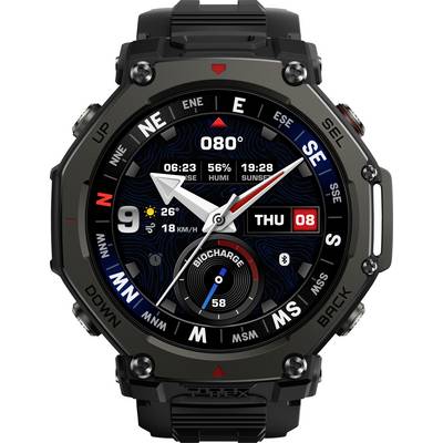 Ein digitales Smartwatch-Display zeigt die Zeit 06:23, Datum 'Do 08', Wetter 26°C, Sonnenuntergang um 19:28 und verschiedene Fitnesswerte.