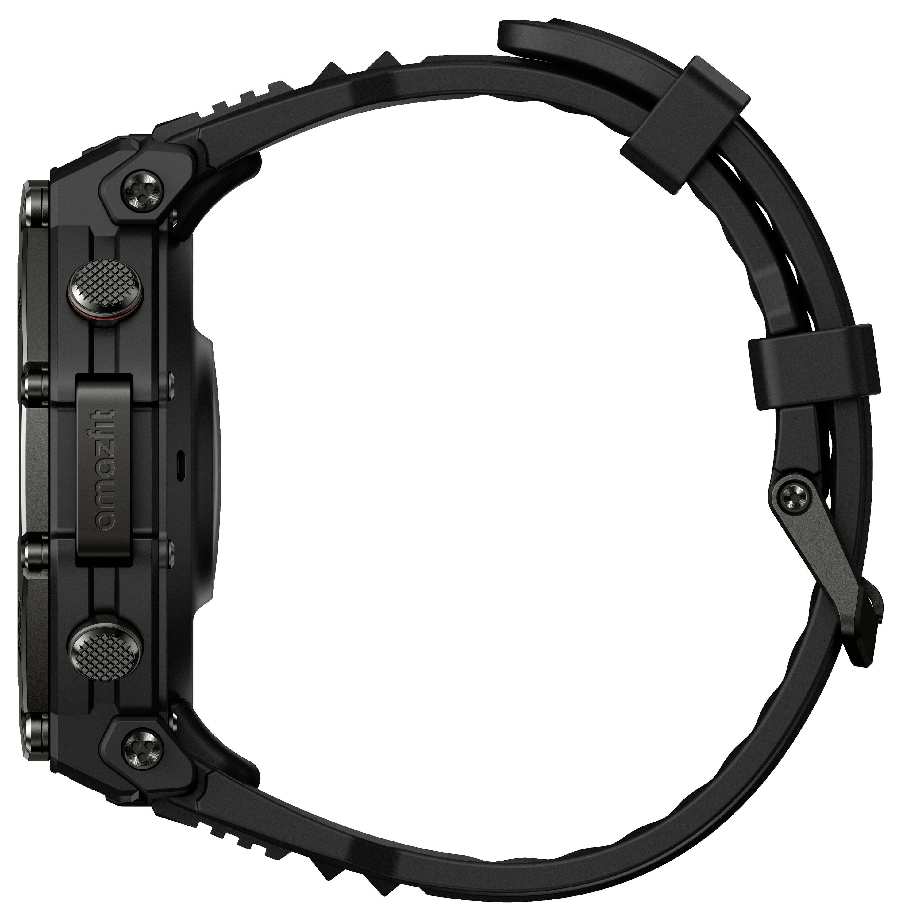 Eine schwarze Smartwatch mit robustem Design, Seitenknöpfen und der Aufschrift "amazfit", von der Seite gezeigt mit einem geschlossenen Armband.