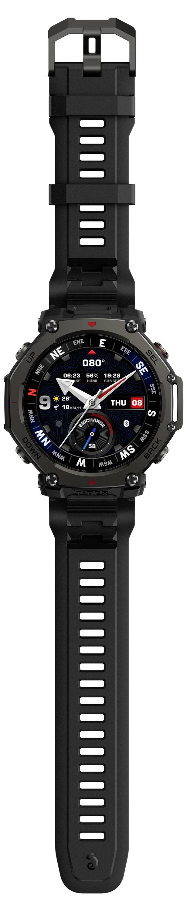 Smartwatch mit rundem Display, schwarzem Armband, die ein digitales Zifferblatt mit mehreren App-Symbolen zeigt, die Konnektivität und Aktivitätstracking andeuten.