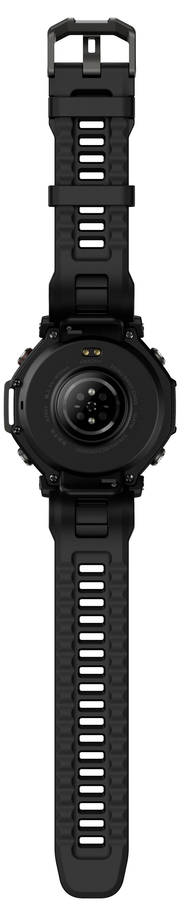 Schwarze digitale Armbanduhr mit rundem Zifferblatt und verstellbarem gelochtem Armband, von der Unterseite betrachtet, wobei die Ladeanschlüsse und Sensoren sichtbar sind.