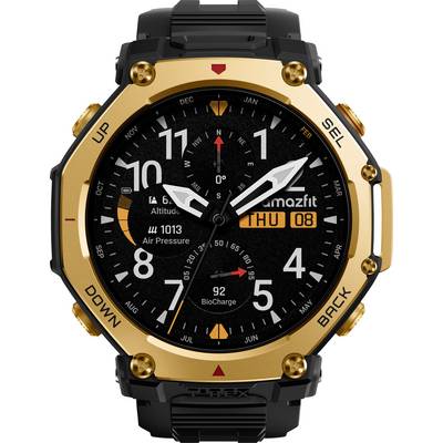 Smartwatch mit robustem Gold- und Schwarzdesign, das die Uhrzeit im Analogstil, das Datum 'DO 08' sowie Messwerte wie Höhe, Luftdruck und BioCharge anzeigt.