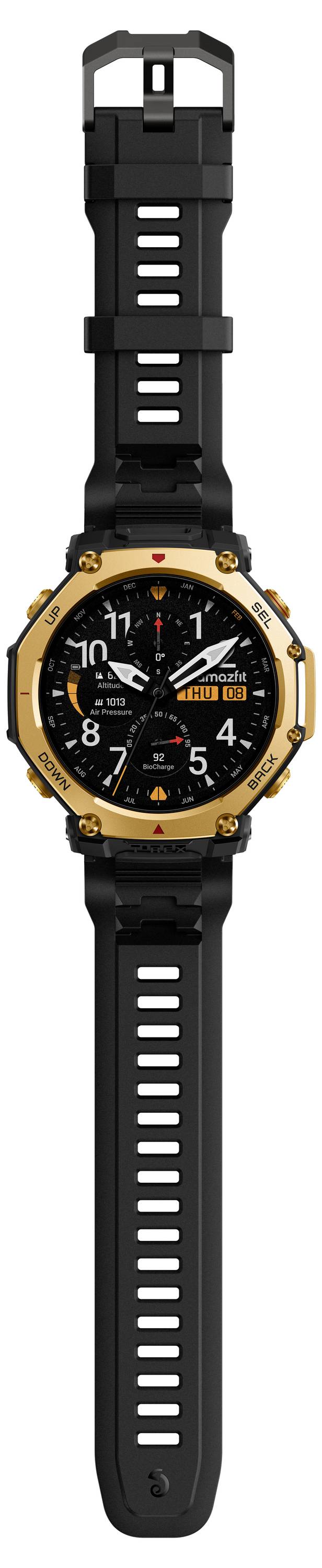 Eine schwarz-orange Uhr mit digital und analogem Display, die ein robustes Design und mehrere Funktionstasten aufweist.